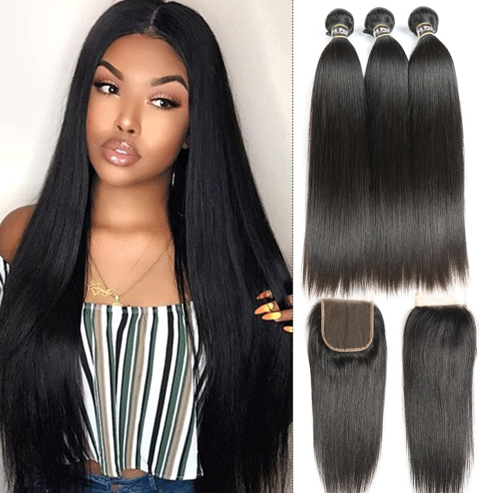 Black Pearl Straight Bundles With Closure Remy 30 inch Human Hair 3 Bundles With Closure Peruvian Hair Bundles With Closure