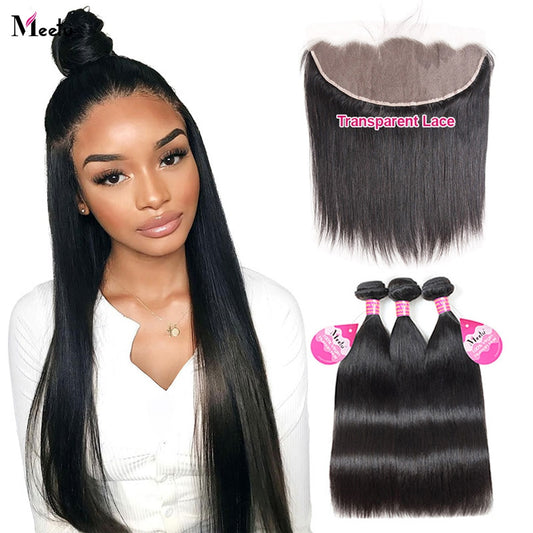 Meetu Straight Bundles with Frontal Lace Frontal and Bundles Malaysian Bone Straight Human Hair Bundles with Frontal Closure