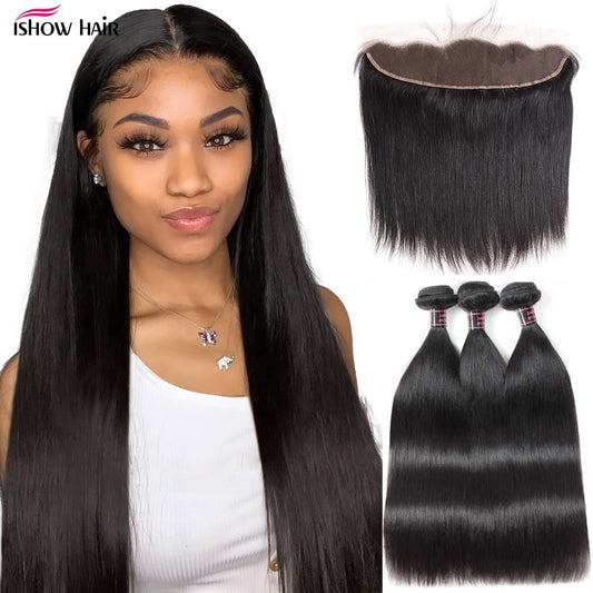 Ishow Bone Straight Human Hair Bundles with Frontal HD Lace Frontal Closure with Bundle Malaysian Straight Bundles with Frontal