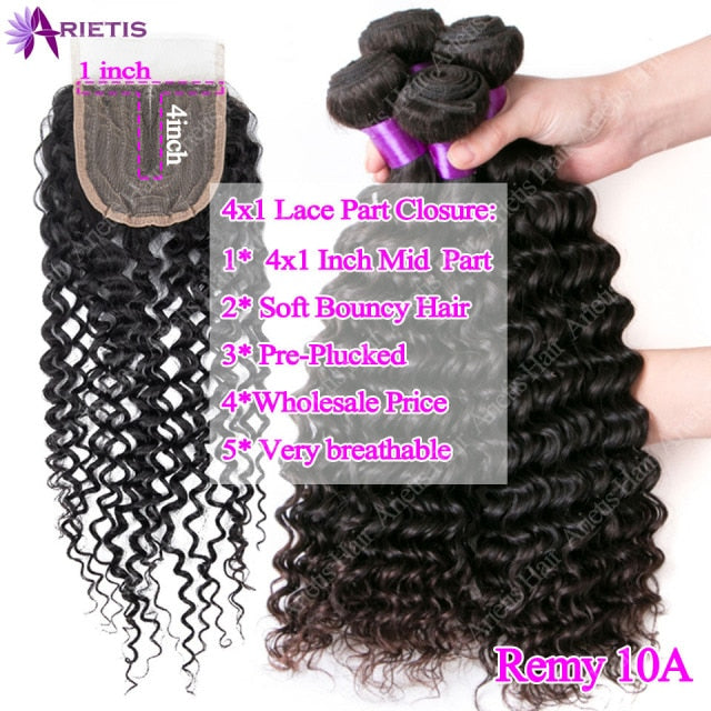 32 34 36 38 40 inch Deep Wave Bundles With Closure Brazilian Remy Human Hair Bundles With Frontal Water Curly & 4x4 Lace Closure
