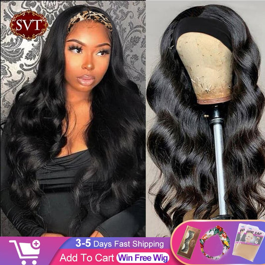 SVT Headband Wig Human Hair Scarf Wig 180% Density Remy Brazilian Body Wave Wig Natural Wavy Glueless Human Hair Wigs for Women