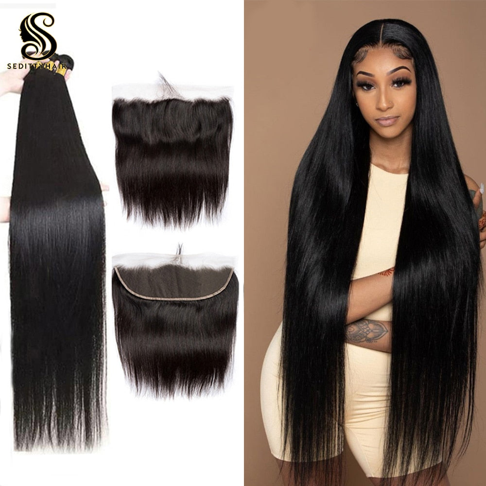 Seditty hair 28 30 Inch Brazilian Straight Human Hair Weave Bundles With Closure 13x4 cheap Frontal With 3 4 Bundles Remy Hair