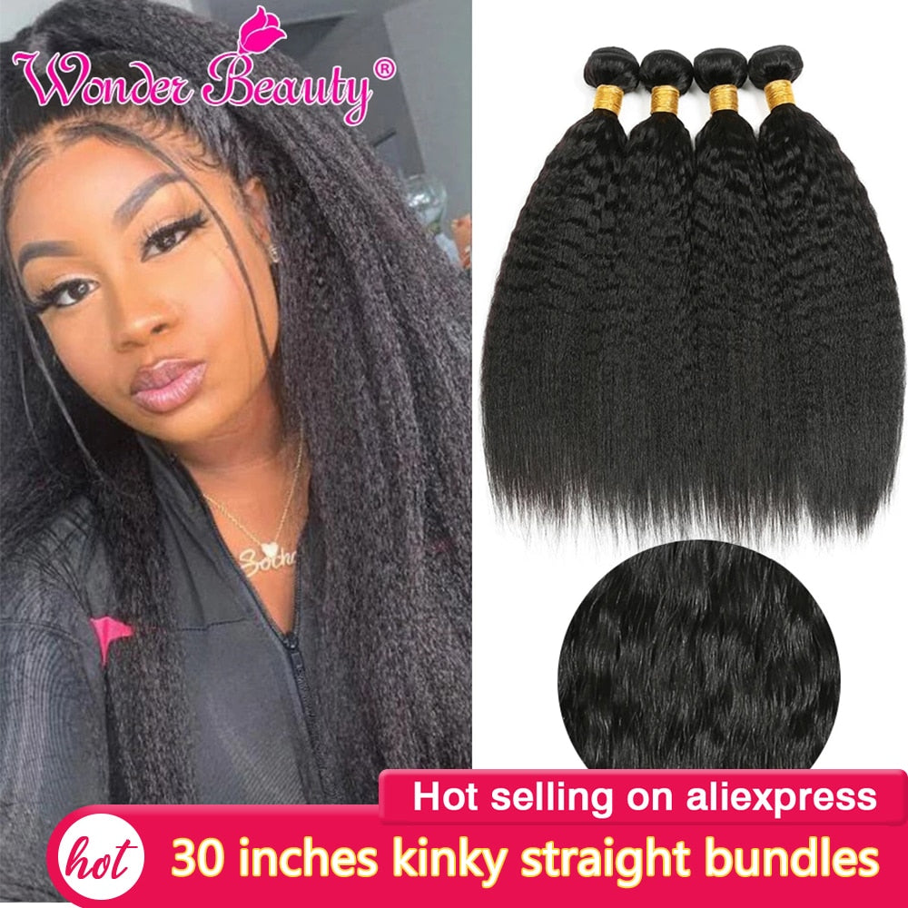 Kinky Straight Bundles Wonder Beauty Remy Hair Extensions 30 inch Human Hair Brazilian Hair Weave Bundles 1/3/4 Bundles Deal