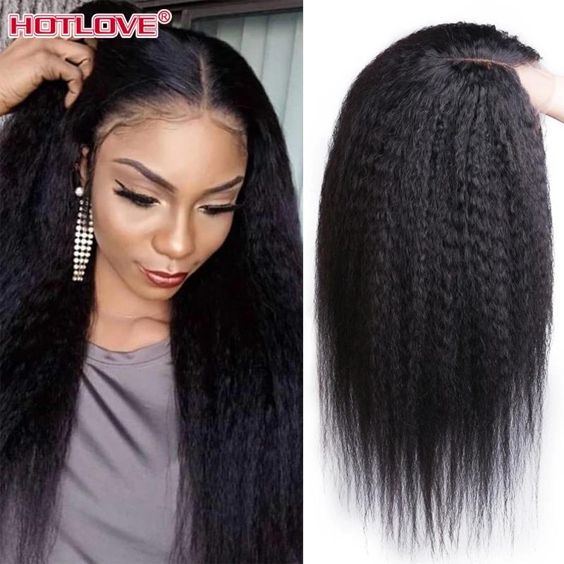 Middle Part Peruvian Kinky Straight Lace Front Human Hair Wigs 13x1 Lace Frontal Wigs 28 inches Remy Hair Wig 180% Density