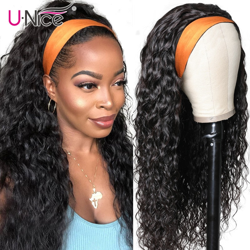 Unice Hair Headband Wig 100% Human Hair Grip Headband Scarf Wig Water Wave Human Hair Wigs for Women No Glue No Sew In