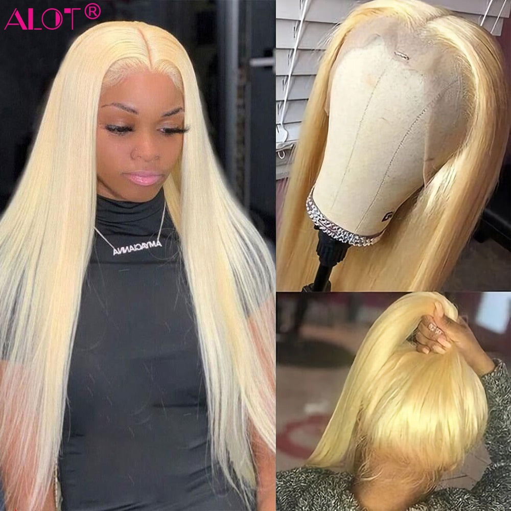 42" 613 13x4 Lace Front Human Hair Wigs Pre Plucked Glueless Brazilian Straight Blonde Transparent Lace Frontal Wig 150% Remy