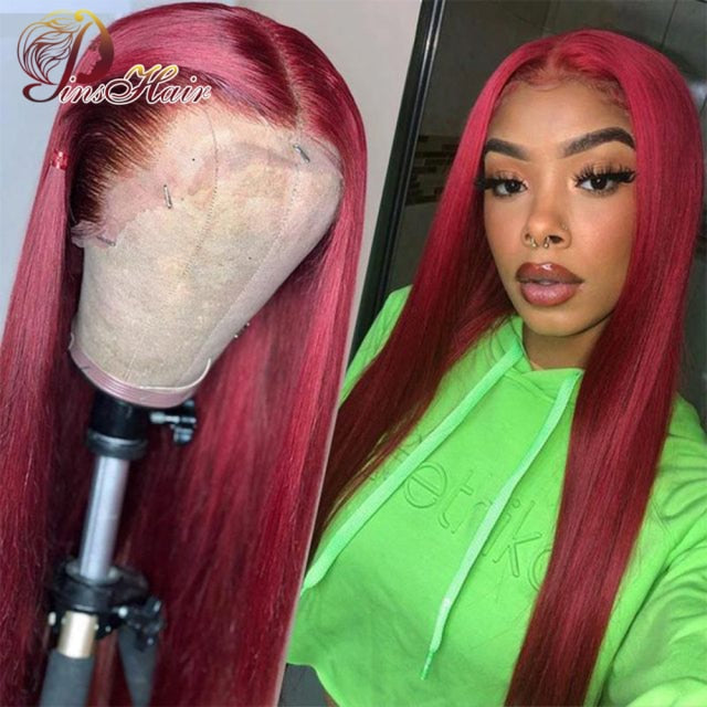 13X1 Colored Red Lace Front Wig Straight Lace Front Wig Human Hair Hot Red 180% Density Pre Plucked Pinshair Brazilian Remy Hair