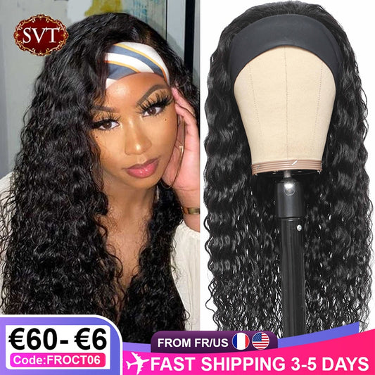 SVT Water Wave Glueless Human Hair Wigs Indian Headband Wig For Black Women Long Hair 12-26Inch Curly Headband Wig Natural Color