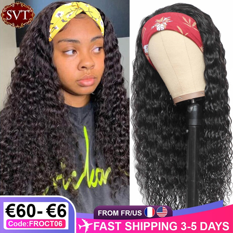 SVT Indian Deep Wave Headband Wig Human Hair Wig 26 Inch Human Remy Hair Scarf Wig Glueless Deep Curly Wig Headbands For Women