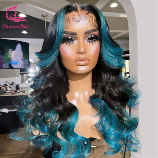 Blue Highlight 13x6 Lace Front Human Hair Wigs HD Transparent Lace Wig Brazilian Body Wave Ombre Colored Hair Remy Parksonhair